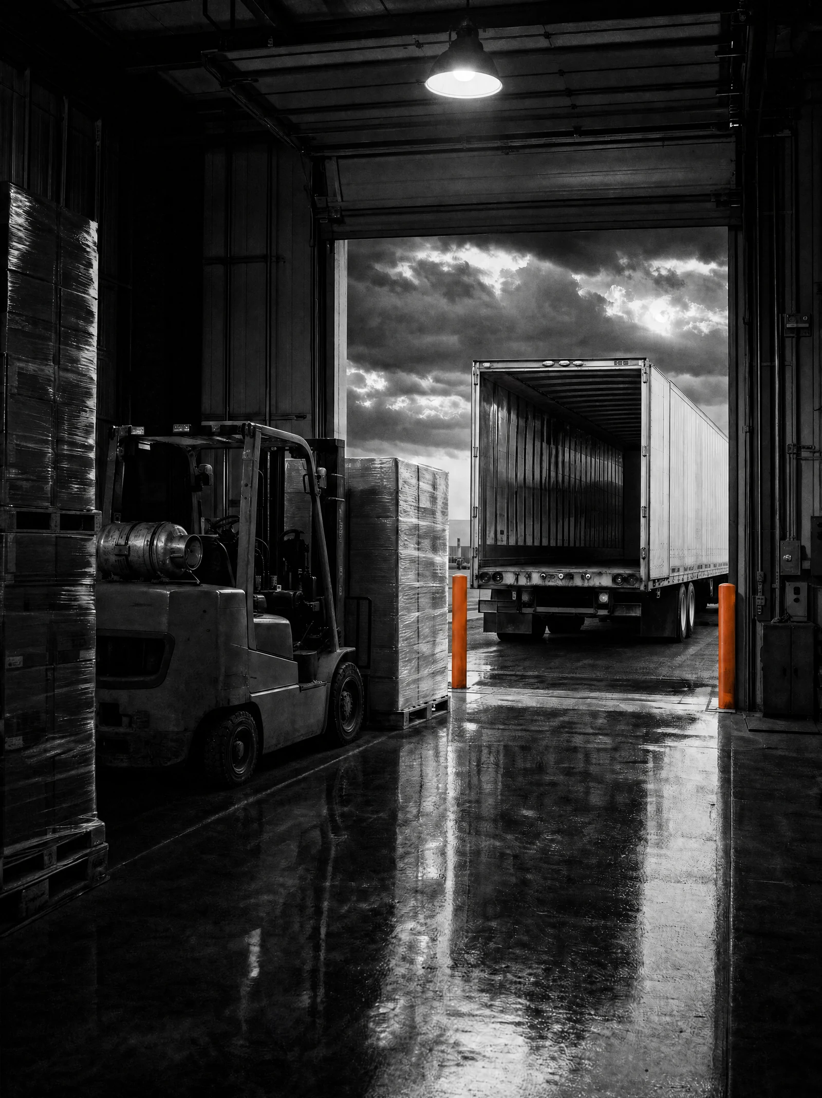 Forklift staging a shrink-wrapped pallet at a loading dock for a partial truckload